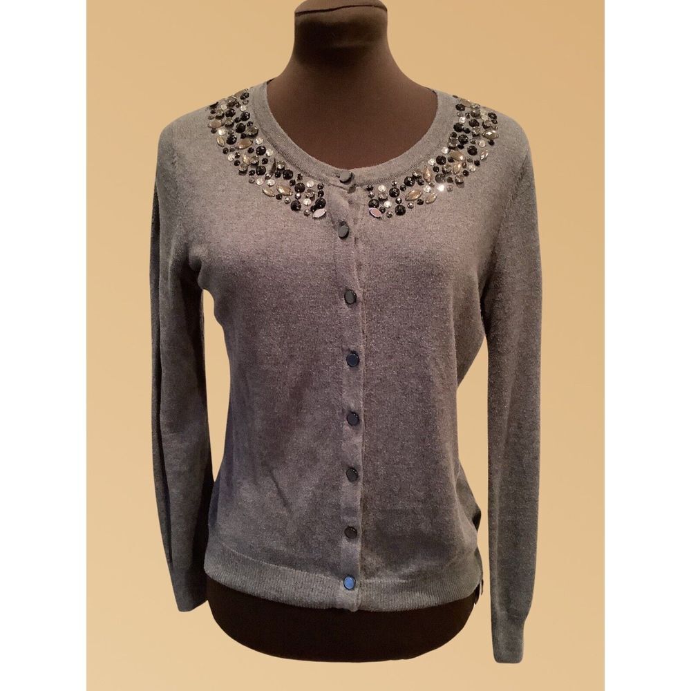 Charcoal Grey Rhinestone Collared Cardigan Sweater Sz S